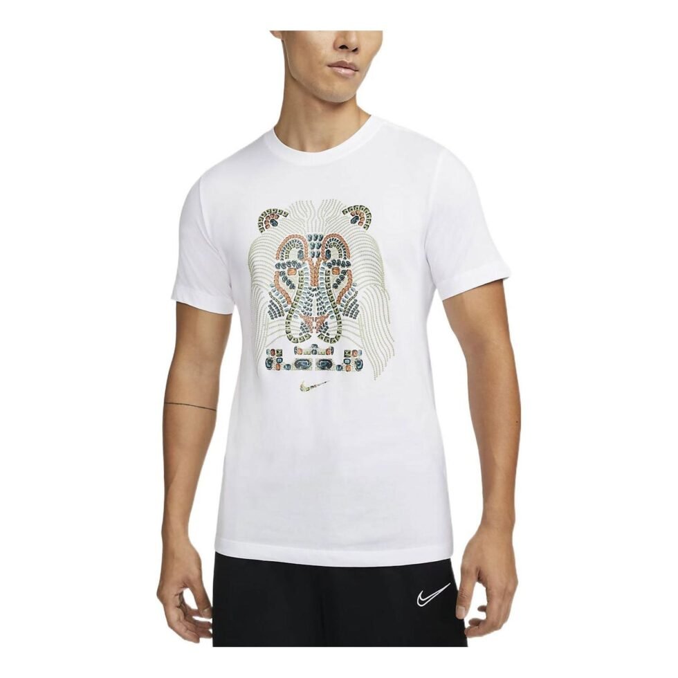 Men's Nike Lebron James Lion Pattern Round Neck Pullover Short Sleeve White T-Shirt DM2468-100