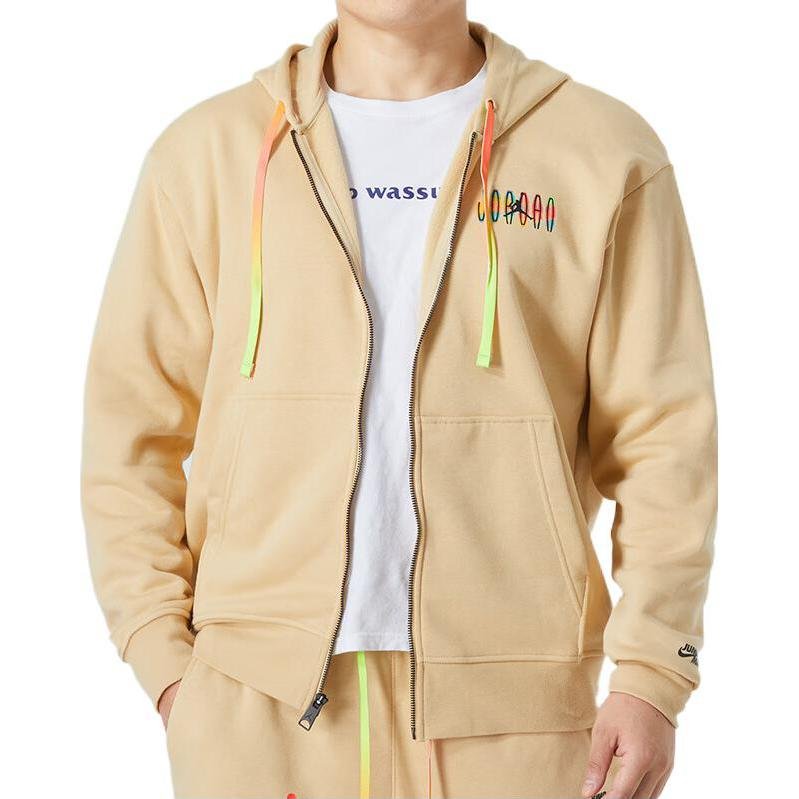 Men's Nike Printing Alphabet Zipper Hooded Running Fitness Training Jacket Khaki DQ7565-252 - Image 3