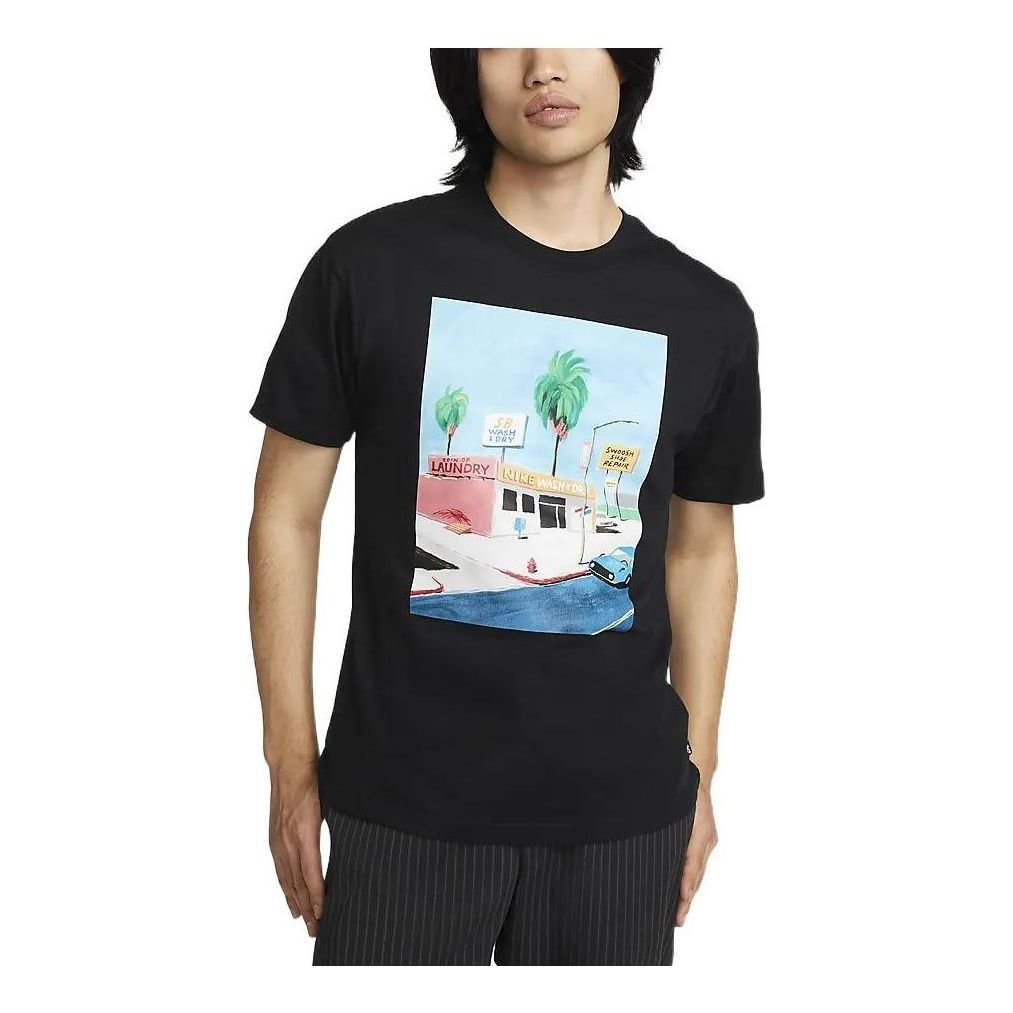 Nike SB Skateboard Cartoon landscape Pattern Skateboard Round Neck Short Sleeve Black DR7766-010