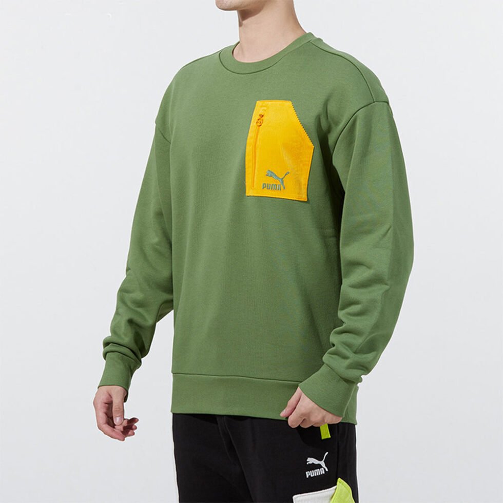 PUMA Contrasting Colors Zipper Pocket Sports Round Neck Pullover Green 535130-67 - Image 4