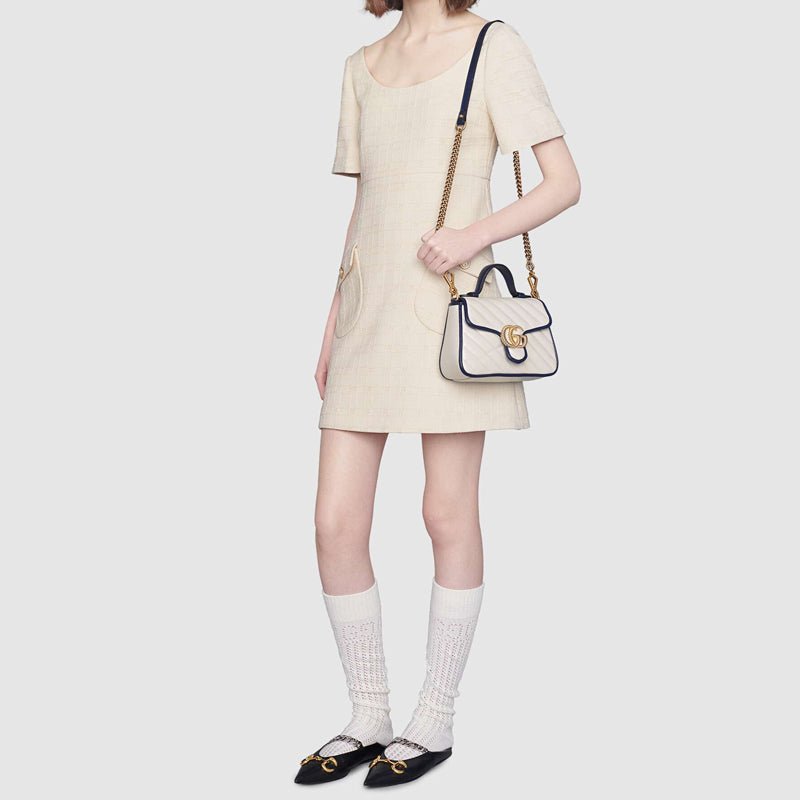 (WMNS) Gucci GG Marmont Gold Logo Colorblock Leather Chain handbag Mini White / Blue Retro 583571-0OLFX-9085 - Image 3