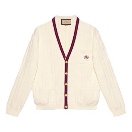 Gucci Knit Cotton V-Neck Cardigan With Web 'Ivory' 654984-XKBUR-9182