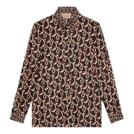 (WMNS) Gucci Interlocking G Chain Print Silk Shirt 'Black Brown' 772027-ZAPCO-1190