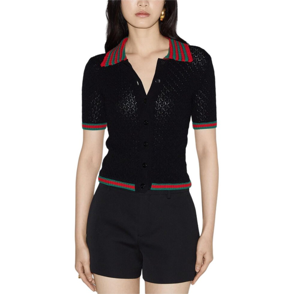 (WMNS) Gucci Cotton Lace Polo With Web 'Black' 792042-XKD3C-1152 - Image 3