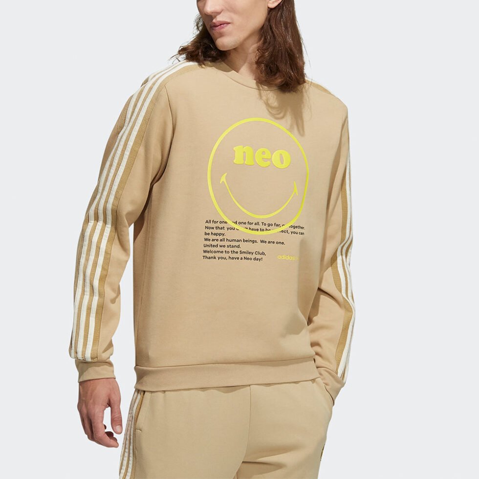 Men's adidas neo x SMILEY Crossover Smly Swt Smiling Face Printing Stripe Sports Round Neck Pullover Khaki H45522 - Image 4
