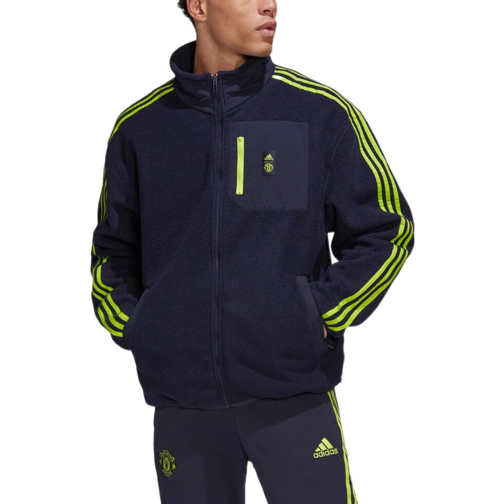 Men's adidas Logo Printing Pattern Stripe Soccer/Football Jacket Navy Blue HE6645 - Image 3
