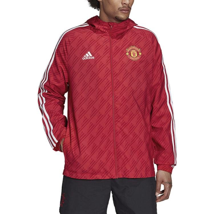 Men's adidas Solid Color Stand Collar Zipper Manchester United Soccer/Football Logo Sports Hooded Jacket Red HE6649 - Image 2