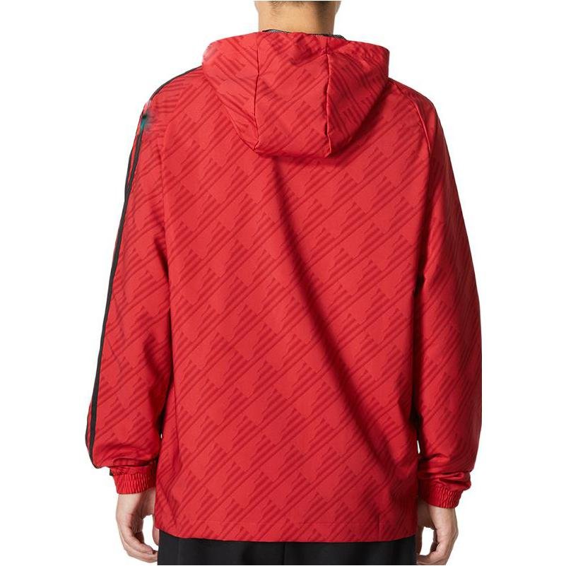 Men's adidas Solid Color Stand Collar Zipper Manchester United Soccer/Football Logo Sports Hooded Jacket Red HE6649 - Image 3
